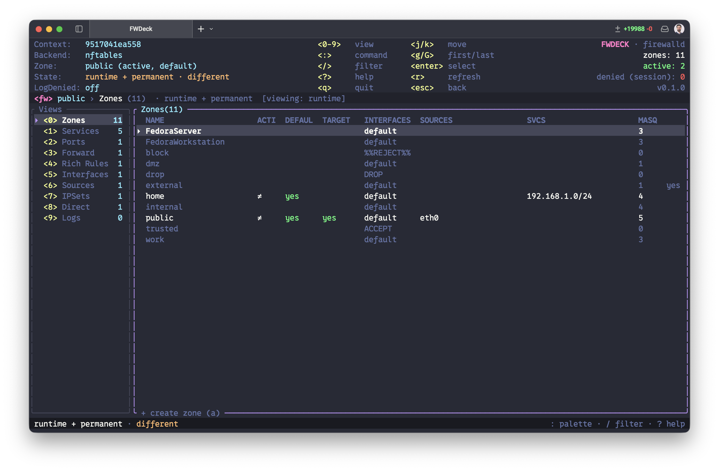 FWDeck — zones view with runtime vs permanent drift markers